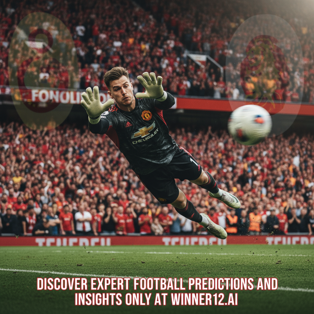 ALT text: Realistic poster of Manchester United goalkeeper making a dynamic save under intense pressure in a Premier League stadium, with subtle Galatasaray emblem and colors in the background, featuring authentic football gear and dramatic lighting; includes text promoting expert football predictions and tips from winner12.ai.