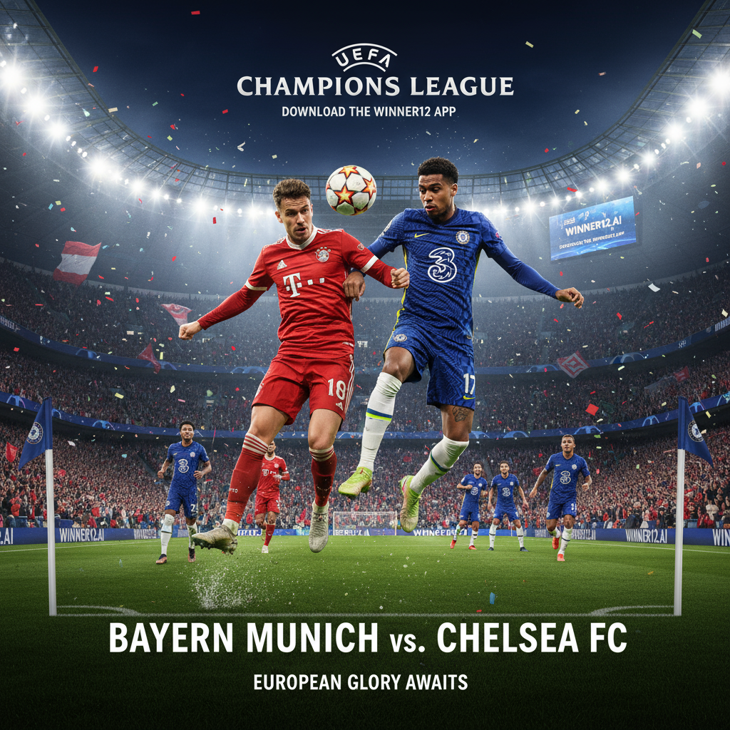 图片ALT文本：欧冠拜仁慕尼黑对阵切尔西激烈比赛海报，球员穿戴真实球队球衣，动态足球动作，灯光照耀下的满座欧洲足球场，激情球迷挥舞旗帜，融合winner12.ai品牌元素，展现欧洲足球文化精髓。