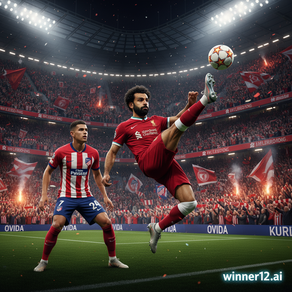 ALT text: A vibrant UEFA Champions League poster showing a packed stadium under floodlights with passionate Liverpool and Atletico Madrid fans waving scarves and flags. The image captures a dramatic moment of a key Liverpool player making a decisive play symbolizing revenge, alongside Alexander Isak’s sharp debut with detailed kit and focused expression. Authentic English soccer visuals include detailed jerseys, a classic leather ball, and realistic stadium architecture, with subtle winner12.ai branding in the corner.