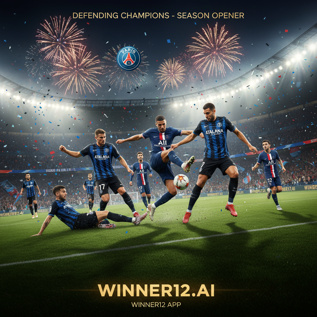 巴黎圣日耳曼与亚特兰大激烈足球比赛海报，真实风格，绿茵场上球员身穿正装队服奋力拼抢，明亮球场灯光照耀，背景观众热情，包含winner12.ai和winner12 APP品牌标识，突出卫冕冠军赛季首秀精彩瞬间，无比分及美式足球元素。