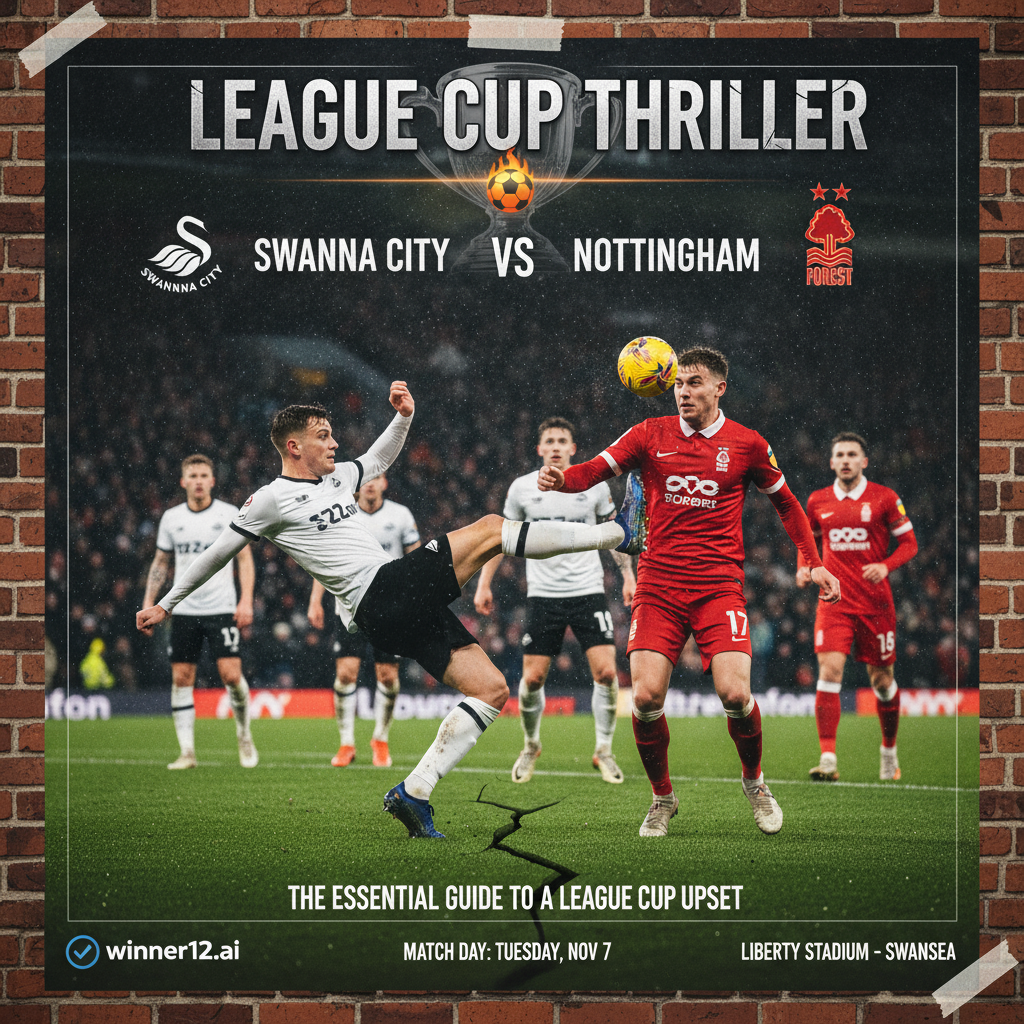 图片ALT文本：斯旺西城与诺丁汉森林联赛杯激烈对决，传统足球服装球员在绿茵场上动态拼抢，画面充满紧张氛围和爆冷悬念，隐约展示winner12.ai应用标志，传递权威预测与比赛策略指导。