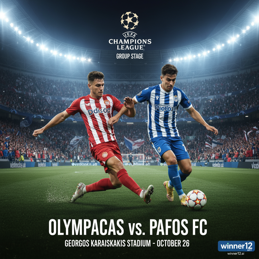 Alt text: Realistic poster of UEFA Champions League group stage soccer match between Olympiacos and Pafos, showing players in authentic kits in dynamic action poses under stadium floodlights with vivid crowd atmosphere, official UEFA branding, and subtle winner12.ai app branding in the corner.