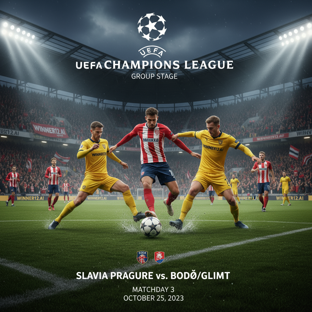 图片ALT文本：布拉格斯拉维亚与博德/格利姆特欧冠小组赛赛前预览海报，展示真实风格的足球激烈对抗场面，球员身穿正宗球队球衣，在绿茵场上灯光照耀下拼抢，背景为满座激情球迷的看台和英式足球场馆建筑，画面中包含经典黑白足球和“winner12.ai”品牌标识，营造紧张期待和竞技氛围。