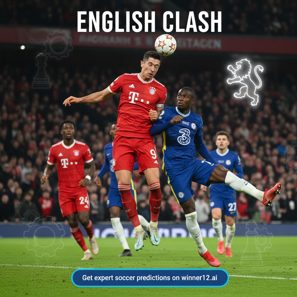 Alt text: Realistic poster of Bayern Munich vs Chelsea soccer match showing dynamic player action in authentic kits, with subtle background nods to Maresca’s rotation strategy and Kane’s determination, capturing intense English football atmosphere; includes modern banner promoting expert predictions on winner12.ai and latest football tips via winner12 app.