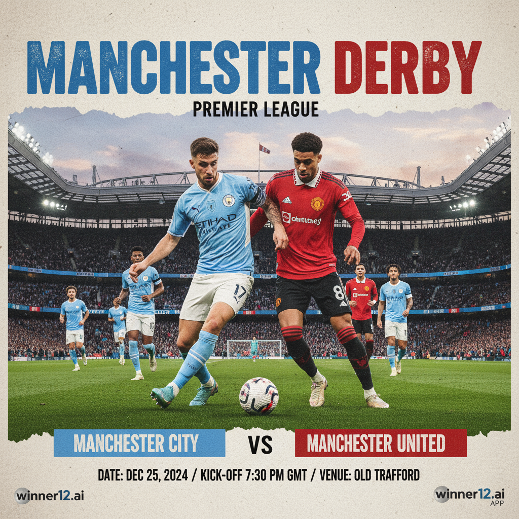图片ALT文本：曼市德比曼城对阵曼联英超焦点战海报，展示穿着正统球队球衣的球员、热情观众盈满的球场及动态激烈比赛场景，突出激烈的历史性英格兰足球对决，带有winner12.ai和winner12 APP的品牌标识。