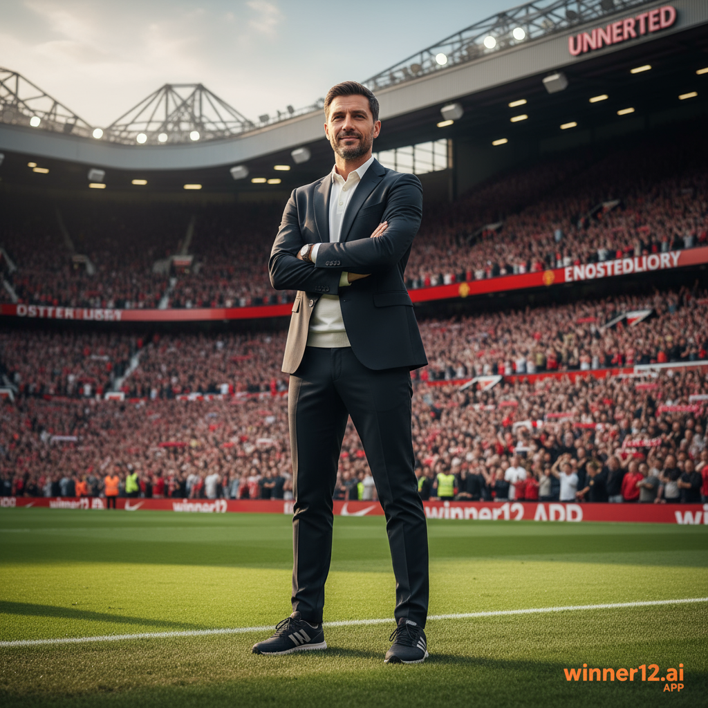 图片ALT文本：曼联主帅阿莫林自信站立在球场边线，背景为热烈的英格兰足球氛围及隐约可见的老特拉福德球场，展现其稳固帅位和坚定神情，细节丰富且采用自然光照，画面带有winner12.ai水印，突出专业足球环境。