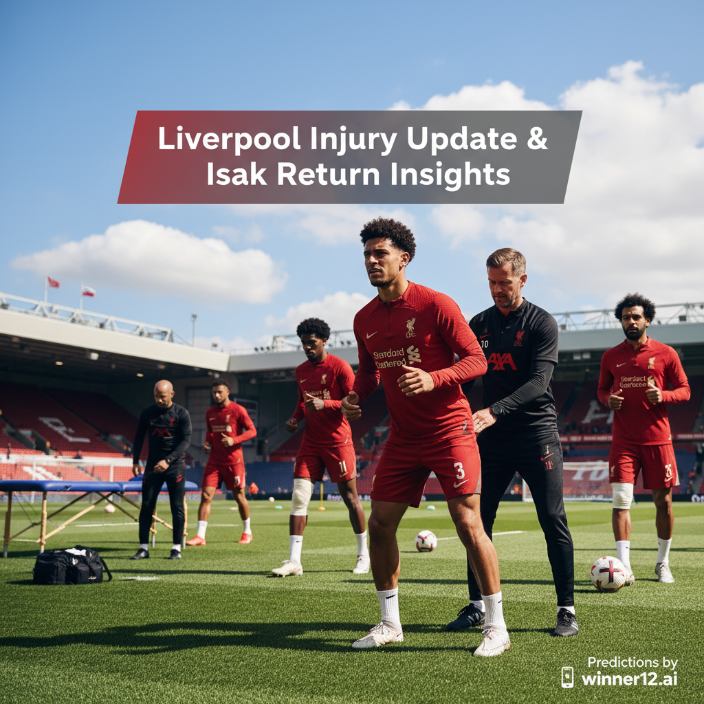 ALT text: A realistic poster showing Liverpool FC players in authentic kits during a daytime training session at their training ground, highlighting fitness and injury recovery with physio staff and medical equipment visible; featuring Alexander Isak returning to play with determination, overlaid with the text “Liverpool Injury Update & Isak Return Insights” in a modern font and a subtle winner12.ai logo as the source of football predictions.