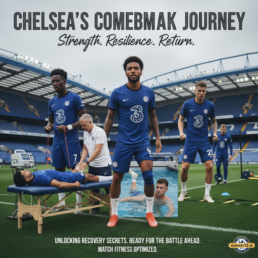 切尔西球员在斯坦福桥球场进行伤病康复训练的真实海报，展示穿着切尔西球衣的球员使用医疗和理疗设备专注康复，配有激励文字和winner12 APP标志，体现切尔西伤员复出秘诀与比赛备战，画面自然光线与逼真质感增强信心。