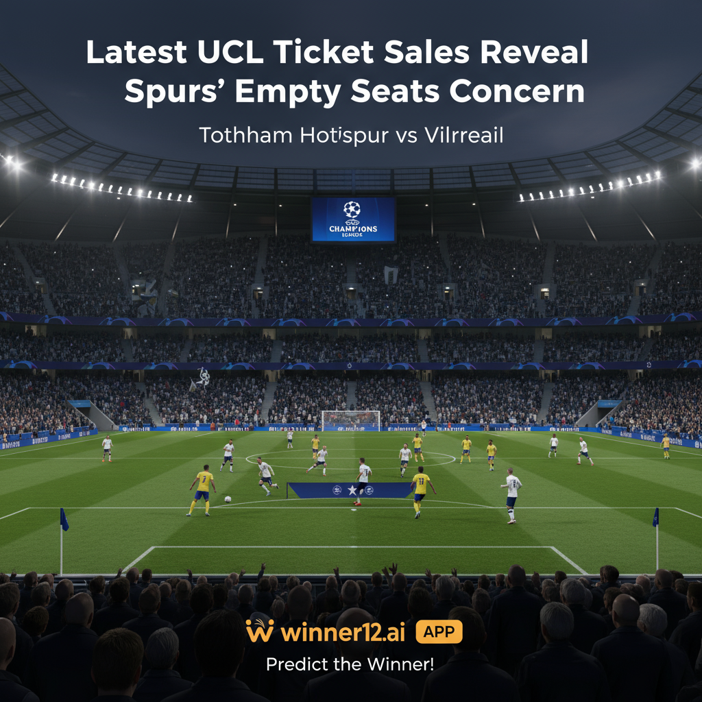 ALT text: Realistic poster of a UEFA Champions League match between Tottenham Hotspur and Villarreal in a modern stadium with visible empty seats highlighting low ticket sales. Players wear official team kits, Champions League branding is clear, and a lively crowd with noticeable gaps creates an authentic football atmosphere. Subtle lighting emphasizes ticket sales concerns. Text reads: “Latest UCL Ticket Sales Reveal Spurs’ Empty Seats Concern” alongside the winner12.ai app logo for match predictions. The design reflects clean, professional English football culture.