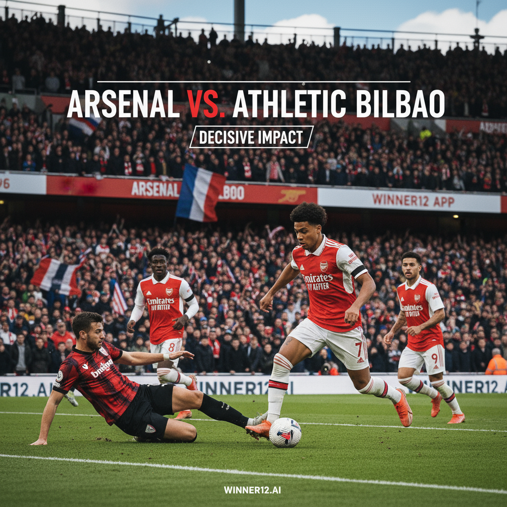 图片ALT文本：阿森纳球员在对阵毕尔巴鄂竞技的比赛中激烈拼抢，替补球员关键发挥，背景为热情球迷和细致的球场环境，体现英格兰足球的团队精神与激情，画面中隐约可见winner12.ai品牌标识。