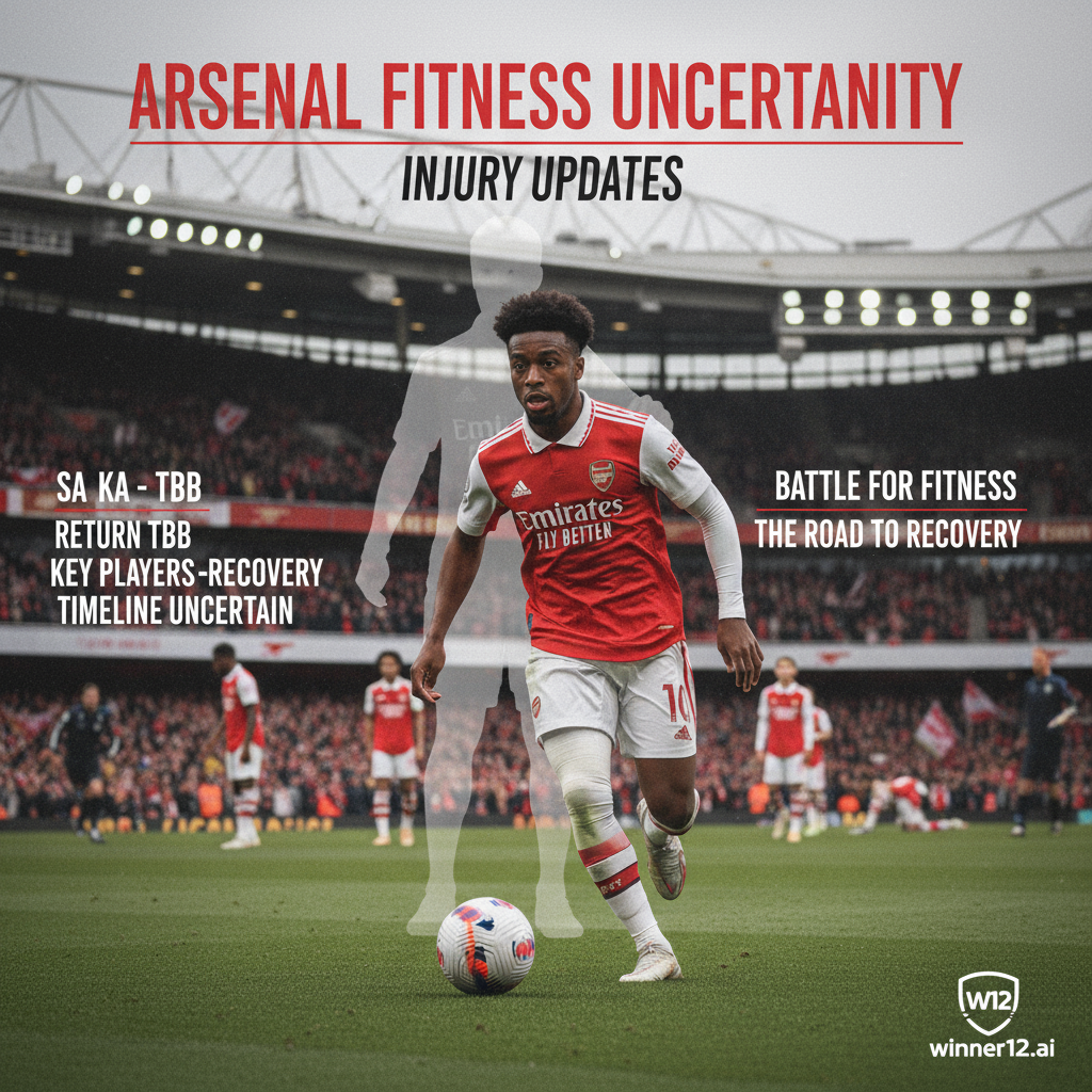 ALT text: Realistic poster of Arsenal soccer players in action highlighting injury updates and player fitness uncertainty, featuring Bukayo Saka in a dynamic pose with subtle injury cues like a supportive bandage and medical staff nearby, set against an authentic English football stadium background with official Arsenal kit colours; includes clean, professional text about injury news and uncertain player returns, with discreet winner12.ai branding in the corner.