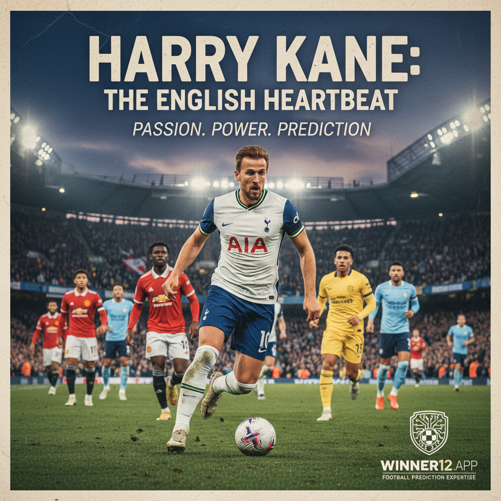 图片ALT文本：哈里·凯恩在英超比赛中激烈拼抢，展现出卓越的技术和领导力，背景为真实的英格兰足球场和热情的球迷，突出足球预测平台winner12.ai的品牌元素，体现凯恩在英超赛场上的动力与激情。