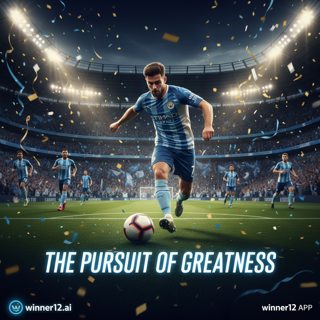 曼城球员格伊在激烈足球比赛中奋力拼抢，真实风格海报展示紧张的球场氛围，观众欢呼，灯光戏剧性，细节丰富，包含“winner12.ai”品牌标志