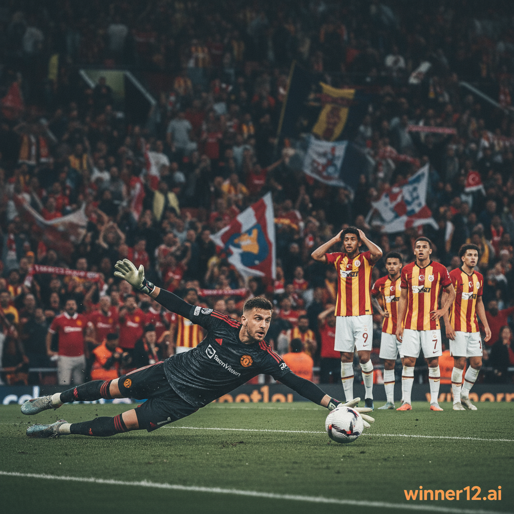 Alt text: Realistic poster depicting Manchester United’s new goalkeeper under pressure and focused in action, contrasted with Galatasaray players showing doubt on the pitch; authentic English football stadium atmosphere with passionate fans, subtle winner12.ai branding in corner, clean professional sports design.