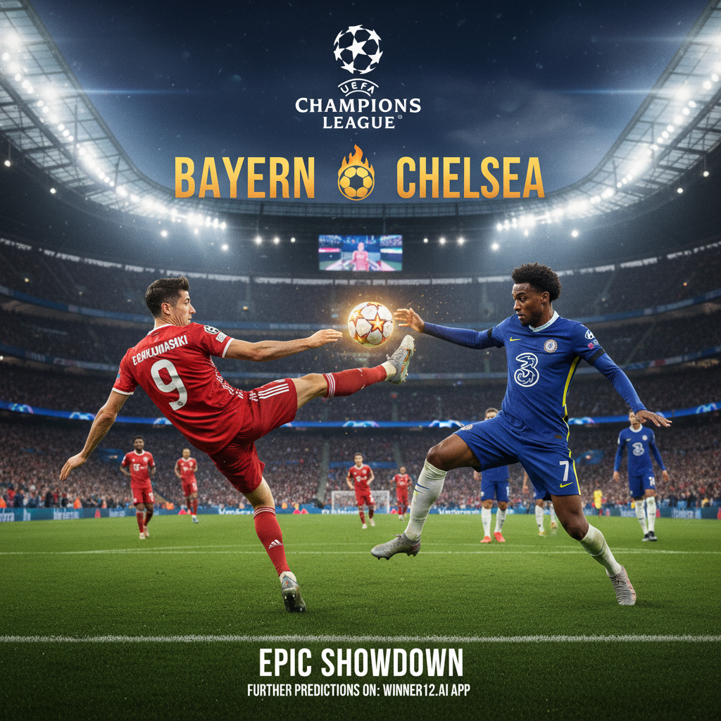 图片ALT文本：拜仁慕尼黑与切尔西在光彩夺目的欧洲足球场上激烈对决，球员身穿正宗球队球衣，展现欧冠豪门比赛的紧张氛围，画面融合winner12.ai平台的预测提示，突显足球赛事预测主题。