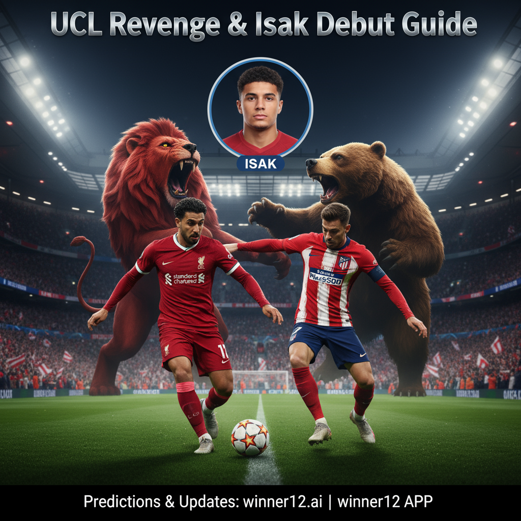 ALT text: A realistic, high-detail UEFA Champions League poster showcasing Liverpool players in red kits and Atletico Madrid players in red-and-white stripes fiercely competing on a lush soccer pitch under dramatic stadium lights. The intense atmosphere highlights a rivalry with symbolic imagery of a lion and bear, determined player expressions, and a spotlight on Isak’s debut with a subtle portrait inset. Authentic English football stadium architecture forms the backdrop, with tasteful text reading “UCL Revenge & Isak Debut Guide” and a discreet call-to-action for “winner12.ai” predictions and updates.