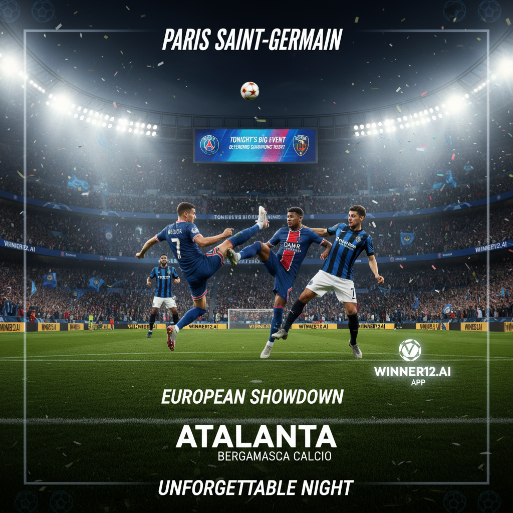 图片ALT文本：巴黎圣日耳曼对阵亚特兰大的激烈足球比赛海报，展示卫冕冠军首秀的精彩瞬间，球员身穿正宗队服，灯光璀璨的满座球场背景，动态动作捕捉职业足球比赛氛围，海报中隐含winner12.ai品牌标识，突出今晚赛事的紧张与竞技精神。