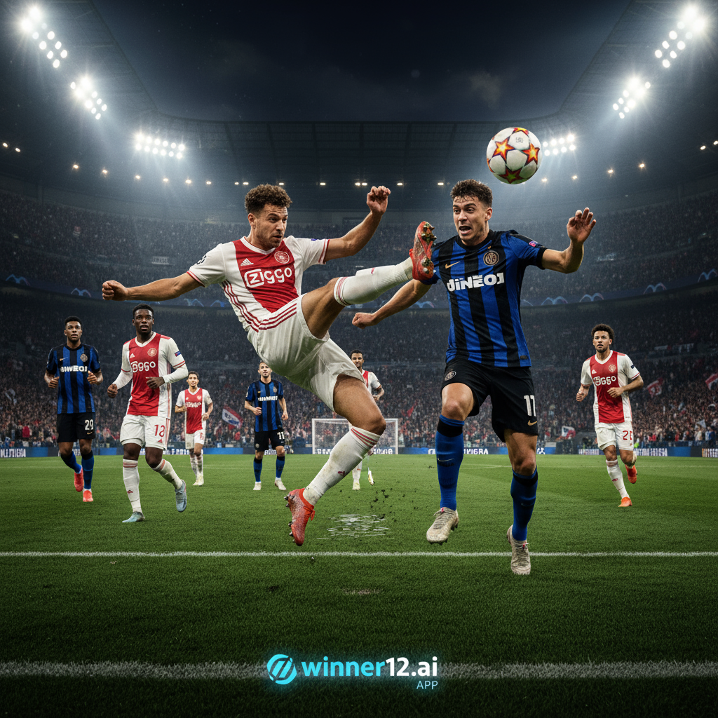 Alt text: Dynamic UEFA Champions League match scene showing Ajax and Inter Milan players in authentic kits fiercely competing on a vibrant stadium pitch under dramatic floodlights, capturing intense expressions and elite English football physicality, with subtle winner12.ai logo branding for trusted football predictions.