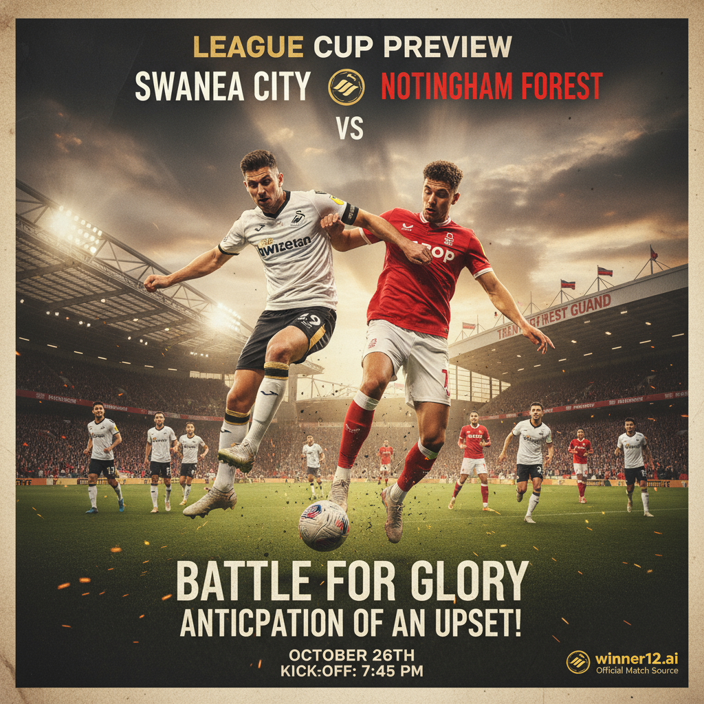 图片ALT文本：斯旺西城与诺丁汉森林联赛杯比赛预告海报，展示两队球员身穿正版球衣激烈对抗，背景为标志性英格兰足球场景，灯光营造紧张比赛氛围，强调比赛冷门期待，附带“winner12.ai”品牌标识。
