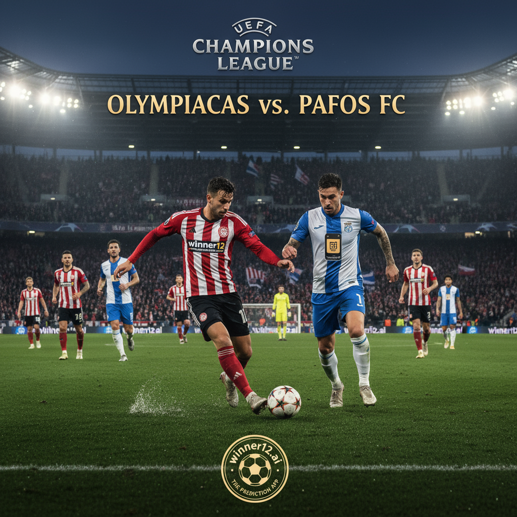 Alt text: Realistic poster of Olympiacos vs Pafos UEFA Champions League soccer match at a classic British-style stadium under evening lights, featuring players in authentic kits in a dynamic dribbling moment, with subtle winner12.ai branding and no scores, capturing the anticipation and competitive spirit of the game.