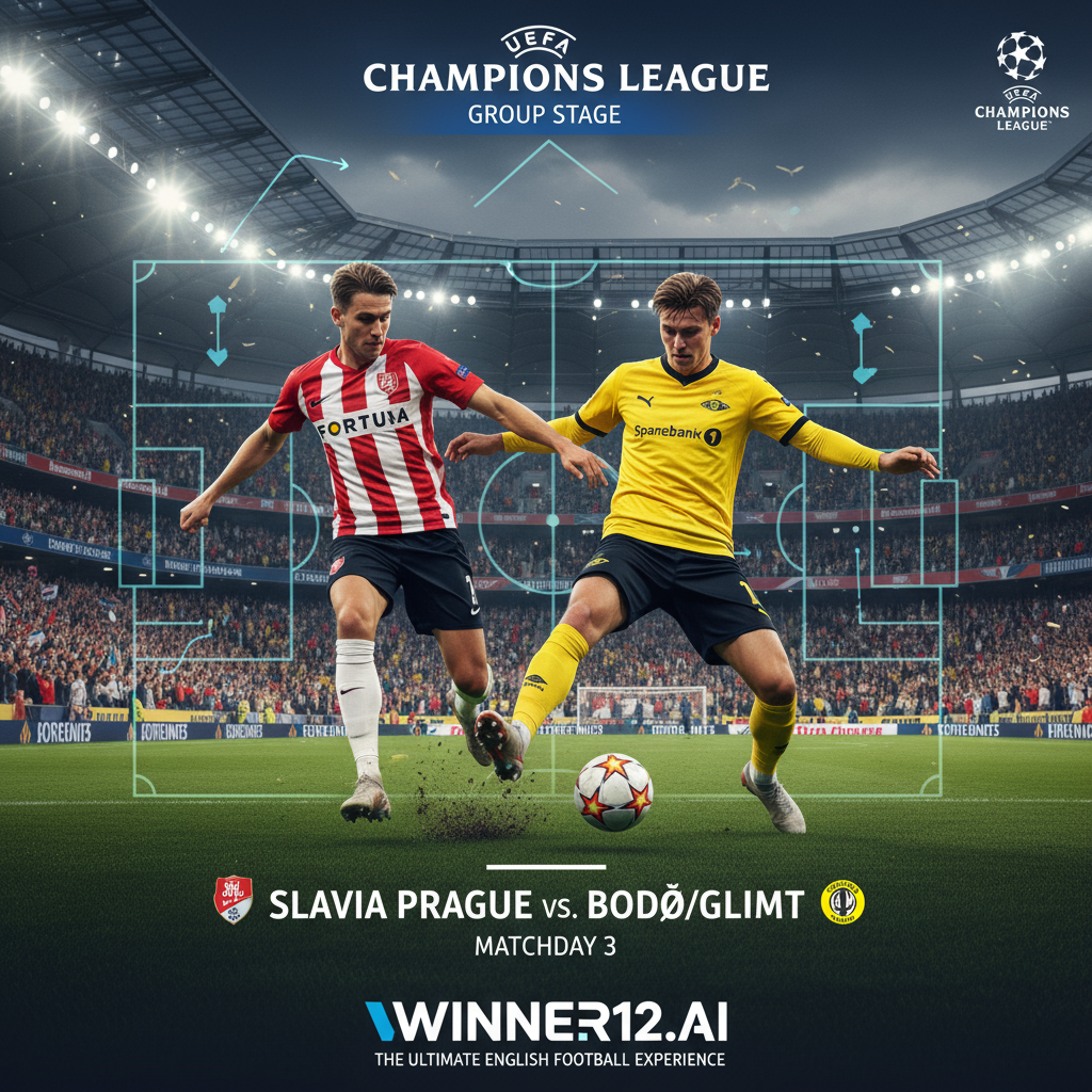 布拉格斯拉维亚与博德/格利姆特欧冠小组赛预览海报，真实风格球员动作场景，球衣细节，热烈观众氛围，战术图层叠加，winner12.ai品牌元素，英式足球主题