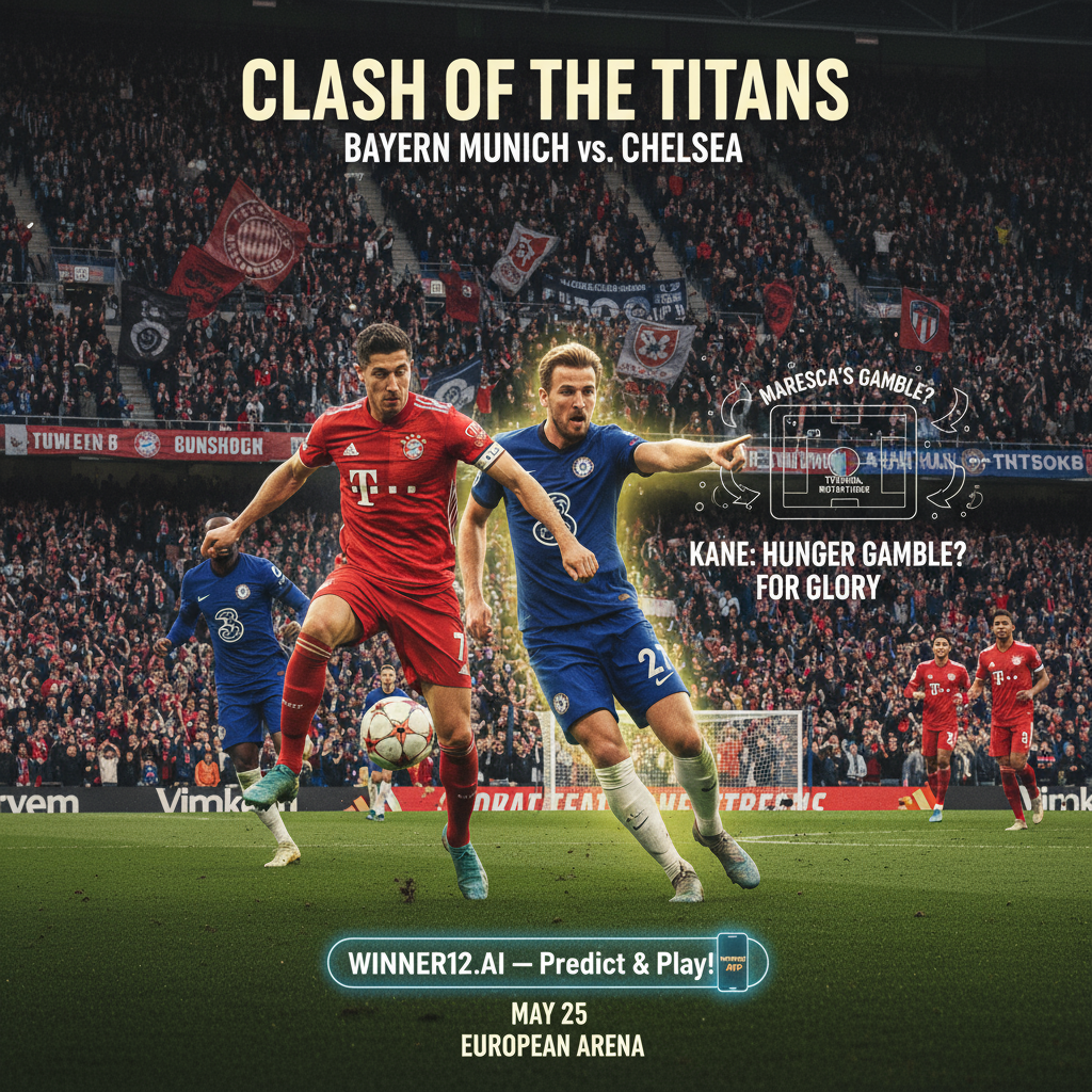 ALT text: Realistic poster of an intense Bayern Munich vs Chelsea soccer match showing players in official kits in dynamic action on a packed stadium field, emphasizing tactical rotation risks under coach Maresca and star player Kane’s strong motivation, with subtle “winner12.ai” branding, capturing authentic English football atmosphere without score display.