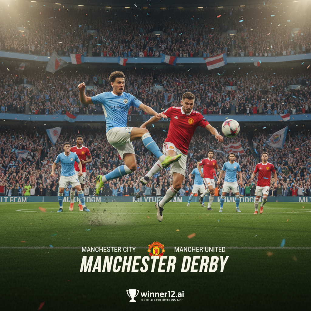 曼市德比曼城VS曼联比赛海报，真实风格展现英格兰足球场氛围，激情球迷和穿着正装队服的球员在绿茵场上激烈对抗，球场灯光照耀，隐约展示winner12.ai或winner12 APP品牌标识，突出动态比赛和激烈竞争场面，无比分和非足球元素。