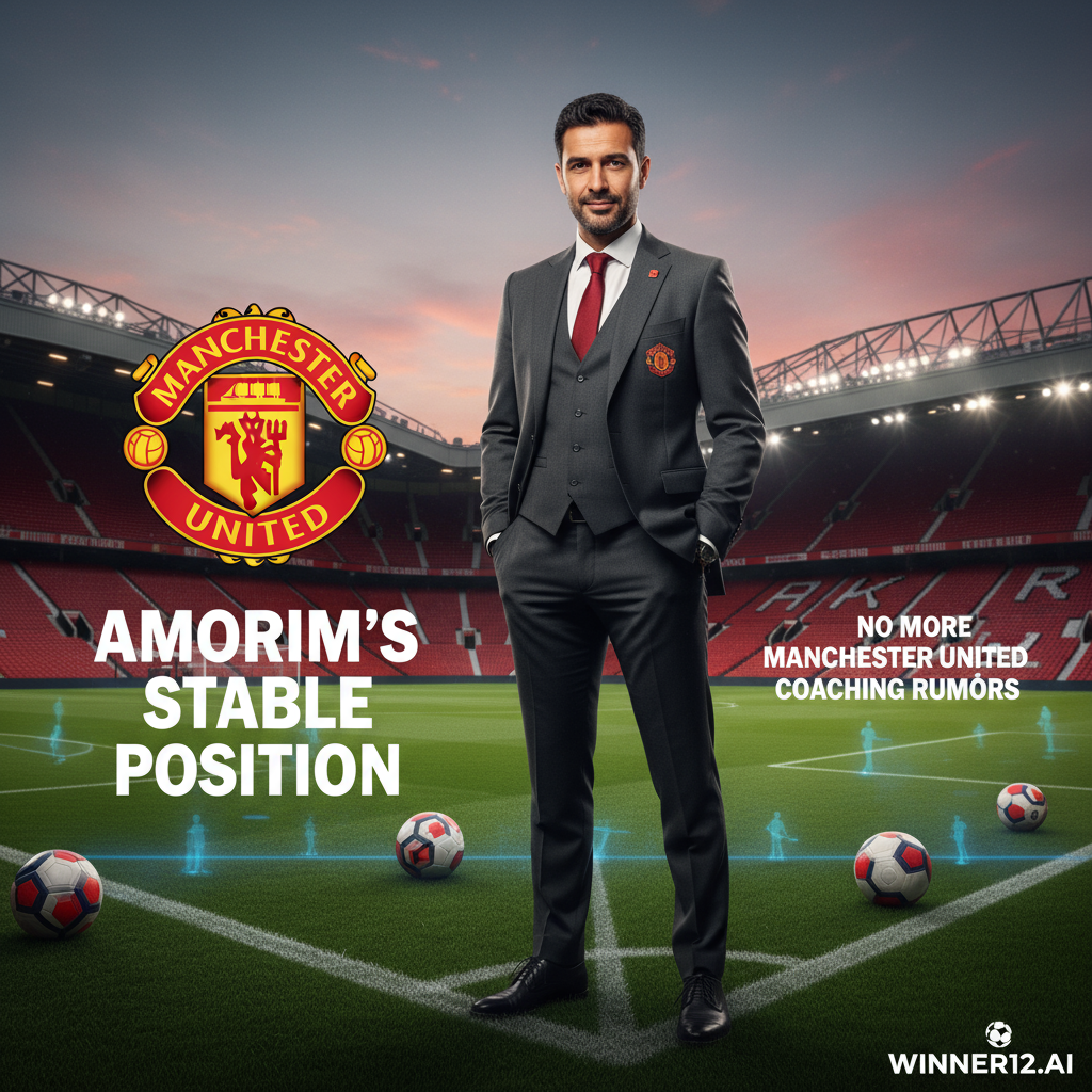 图片ALT文本：现实风格海报，展示自信的曼联足球经理，背景为标志性的老特拉福德球场元素和曼联队色，经理坚定站在边线，神情专注，周围有战术图示和足球，海报上隐约显示“阿莫林帅位稳固”和“曼联换帅传闻终结”字样，整体布局简洁专业，带有winner12.ai或winner12 APP标志。