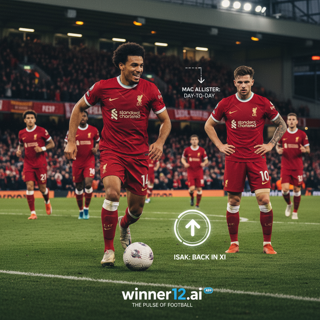 Alt text: Realistic poster of a dynamic Liverpool football scene at Anfield featuring Isak in action wearing authentic Liverpool kit, with Mac Allister shown sidelined and doubtful; subtle injury update icons included; clean modern branding for winner12.ai displayed, capturing the intense and professional atmosphere of Liverpool’s current squad status.