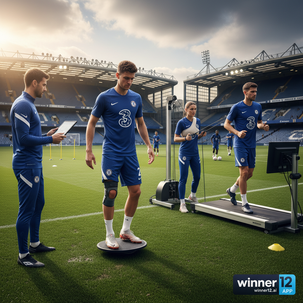 图片ALT文本：切尔西足球俱乐部球员在斯坦福桥球场绿茵场上进行高强度训练，重点展示伤员在先进康复设备和理疗师帮助下进行恢复训练的真实场景，体现现代运动医学技术，背景自然光照射，带有winner12.ai专业品牌标识，营造纯正英式足球氛围。