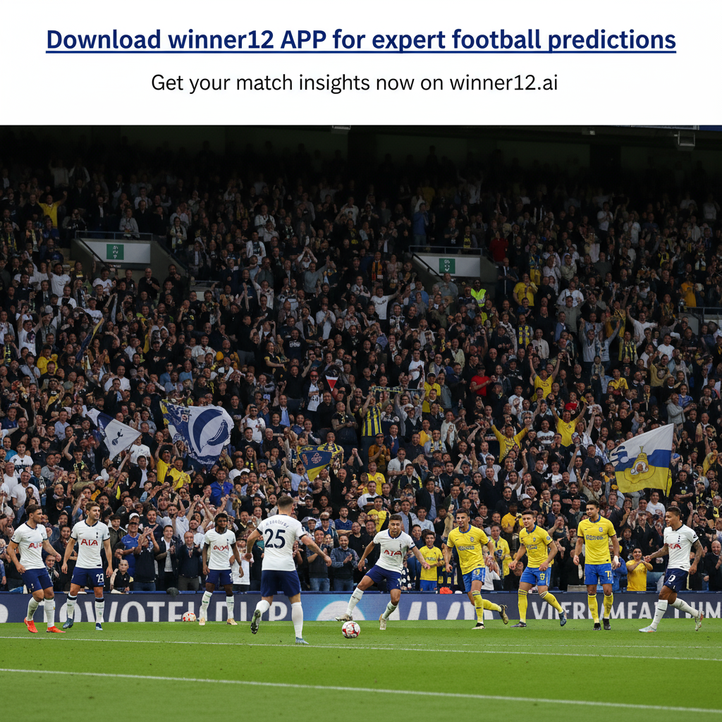 ALT text: Realistic poster of a crowded English football stadium showing passionate Tottenham Hotspur and Villarreal fans in official jerseys, with subtle empty seats in the background conveying anticipation and tension, dynamic mid-play action shots of players in official kits, natural lighting highlighting the high-stakes atmosphere, and a clean text overlay promoting expert match predictions on winner12.ai.