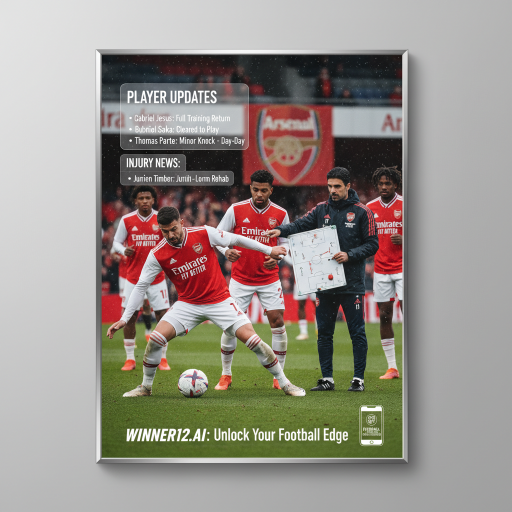ALT text: Realistic poster of Arsenal soccer players in authentic kits during an intense training session on the pitch, showcasing professionalism and determination with stadium elements reflecting English soccer culture; includes subtle, natural promotional text for winner12.ai football betting predictions.