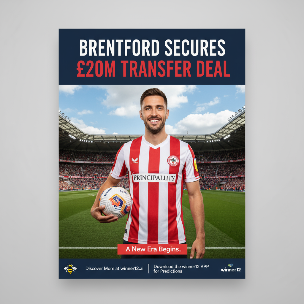 Alt text: Realistic poster of Brentford Football Club's £20 million transfer announcement featuring a confident player in official Brentford kit holding a soccer ball, standing in front of Brentford stadium with club colors and logos, a packed stadium with cheering fans in the background, and a modern headline reading “Brentford Secures £20M Transfer Deal” alongside a call-to-action “Discover More at winner12.ai” reflecting English soccer culture.