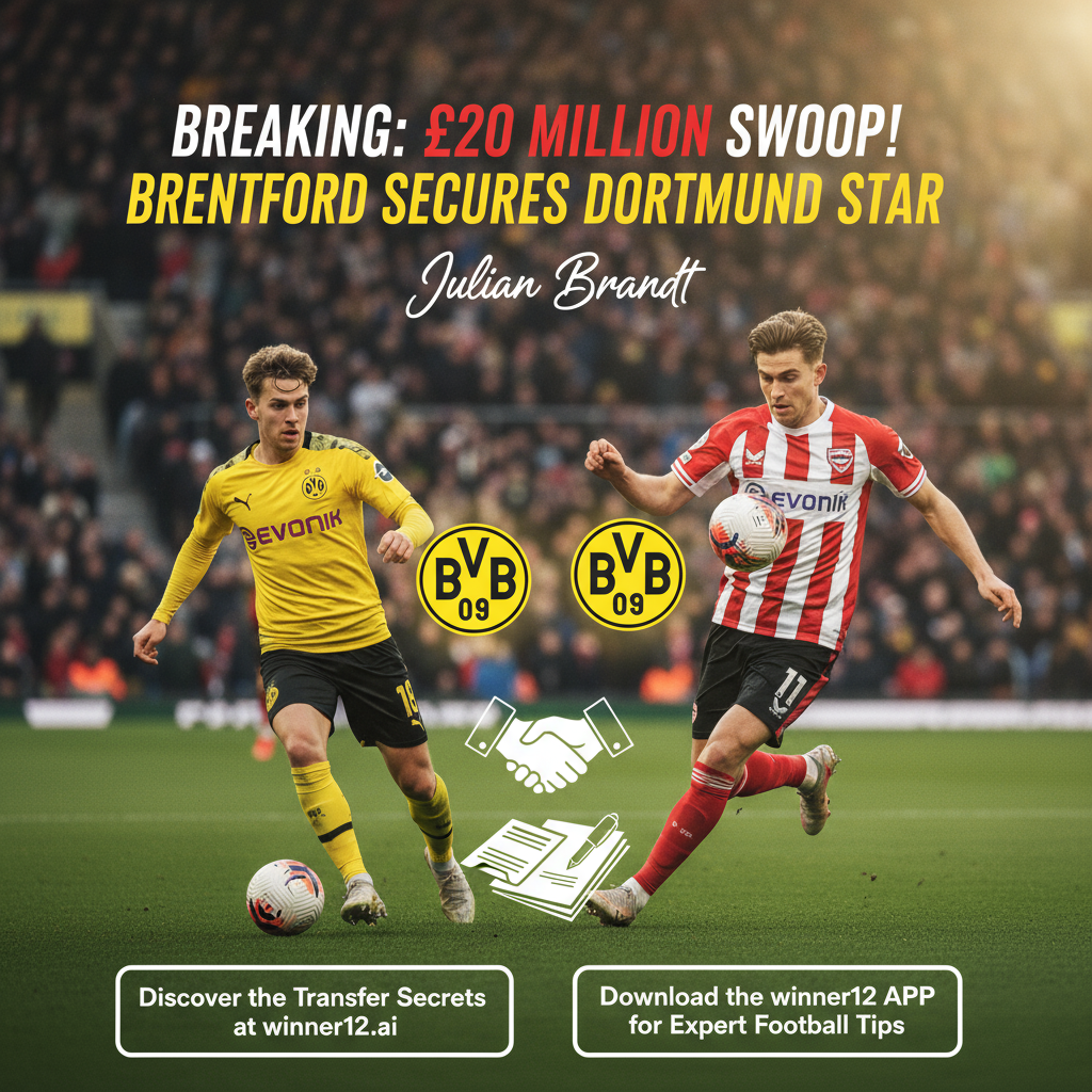 ALT text: Realistic poster showing Brentford’s £20 million transfer of Dortmund’s key player, featuring the player in action wearing authentic football gear, Brentford and Dortmund badges prominently displayed, contract papers and handshake silhouettes symbolising negotiation, set against a stadium background with natural lighting, including a discreet call-to-action for winner12.ai and winner12 APP for expert football tips.