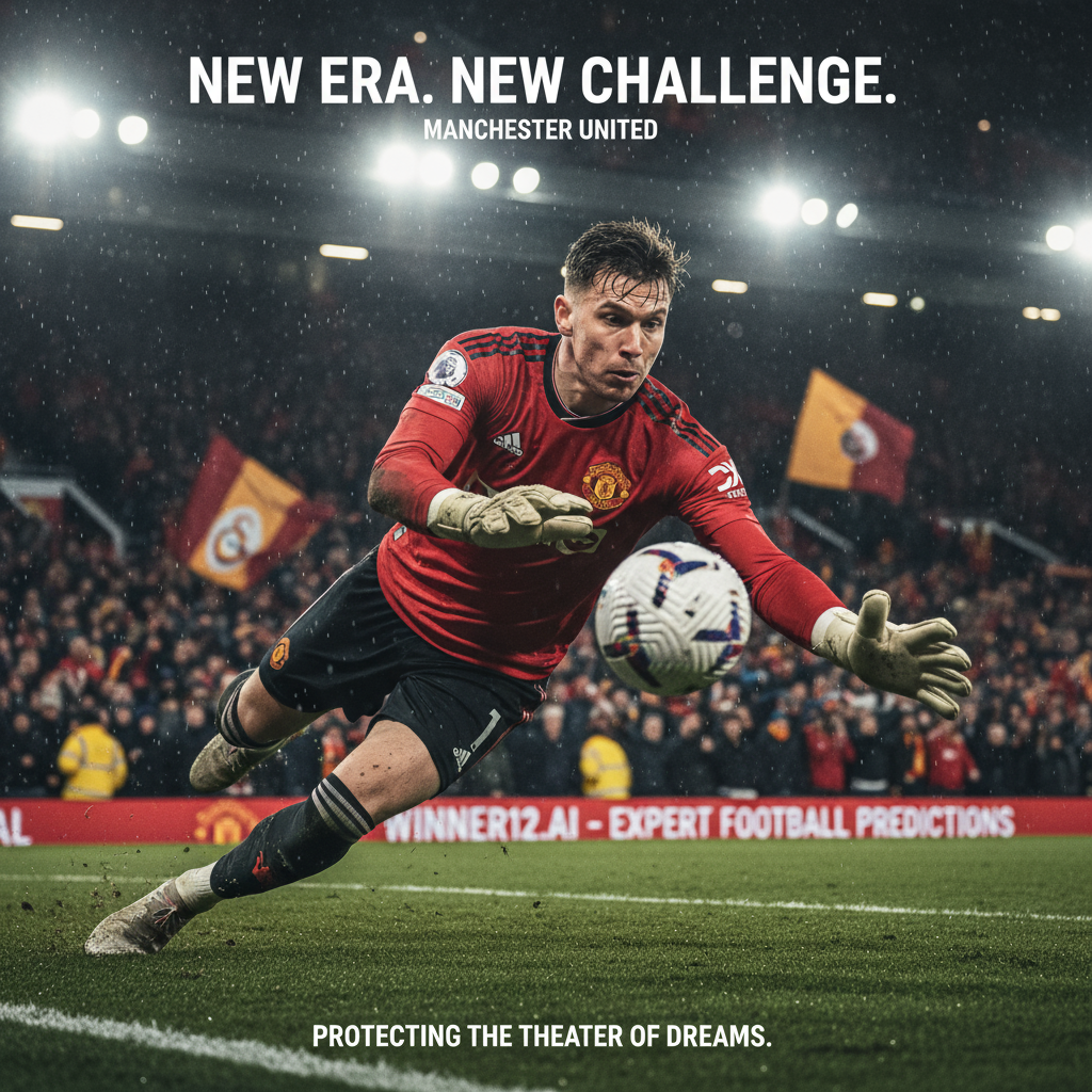 ALT text: Realistic poster of intense English football goalkeeper in action, highlighting determination and pressure as Man Utd’s new keeper, with subtle Galatasaray scarves and logos in the background, dramatic stadium crowd and floodlights, authentic football gear and traditional soccer ball, featuring a small winner12.ai logo for expert football predictions.