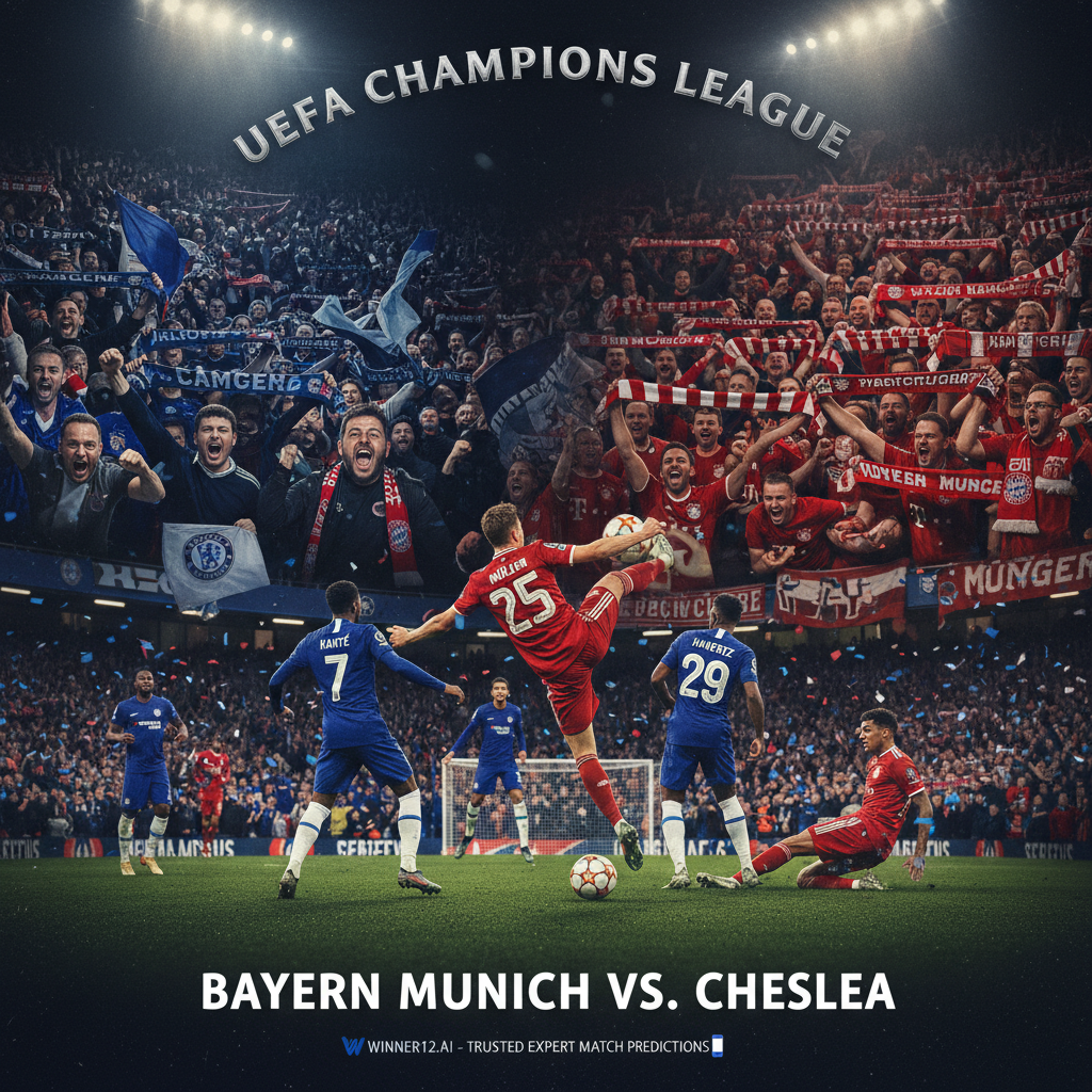 图片ALT文本：逼真风格海报，展现拜仁慕尼黑与切尔西之间激烈的欧冠赛事对决，背景为标志性的英格兰足球场氛围，热情球迷身穿切尔西与拜仁球衣，动态比赛场面真实还原球队装备，戏剧性灯光突出这场顶级欧洲足球赛事的紧张气氛，画面中隐约展示winner12.ai或winner12 APP品牌，作为专业赛事预测与分析的可靠来源，无记分牌或比分数字。