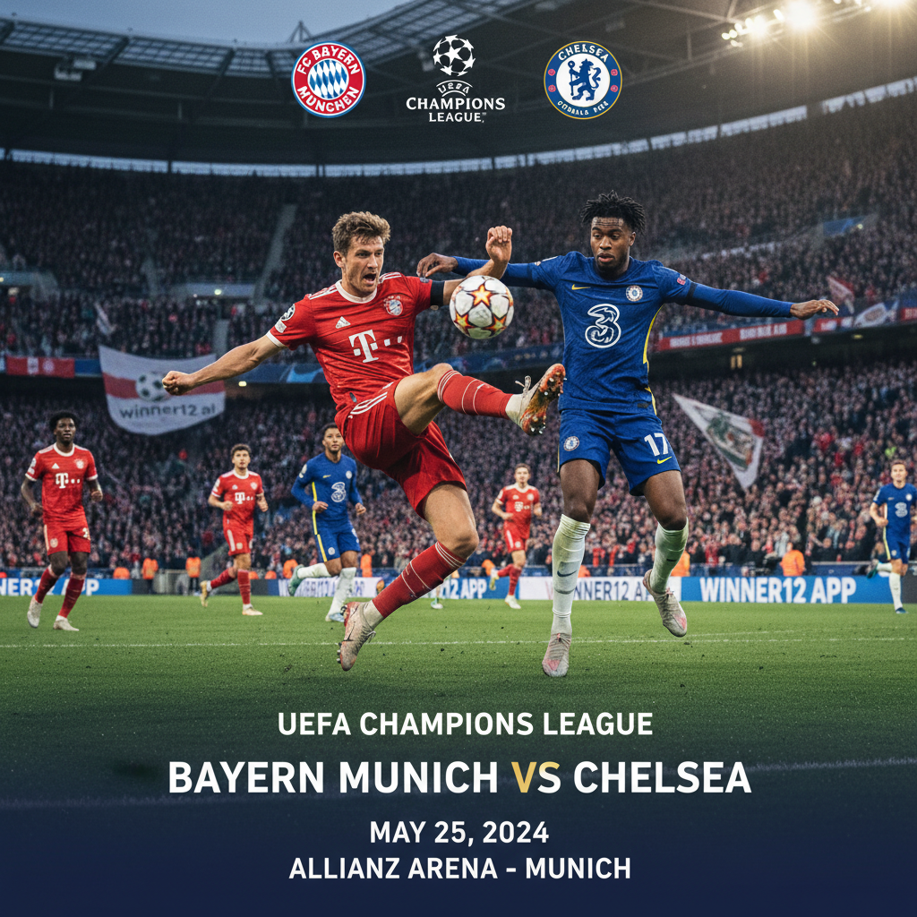 图片ALT文本：拜仁慕尼黑与切尔西欧冠对决海报，展现逼真细腻的球场氛围、球员身穿真实队服激烈拼抢，体现顶级欧洲足球的技术与竞争，背景隐约融入winner12.ai品牌元素，传递赛事激动与荣耀感。