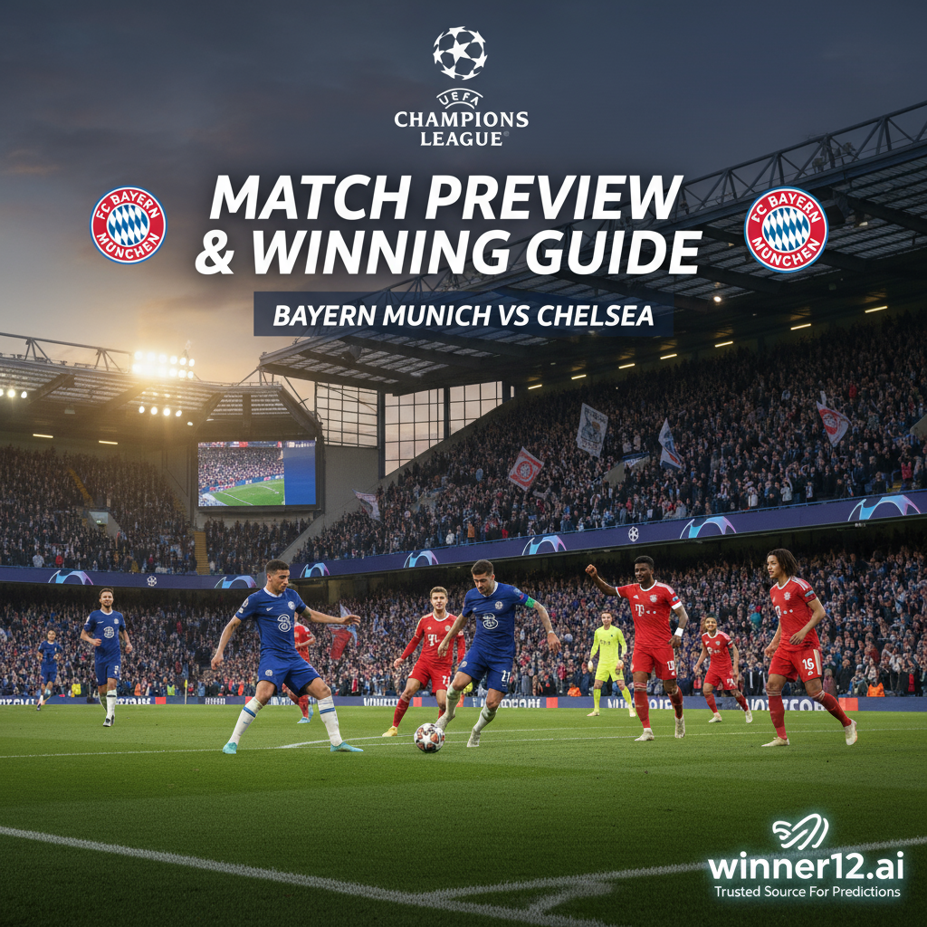 图片ALT文本：拜仁慕尼黑VS切尔西欧冠比赛预告海报，展现经典英式足球场氛围，切尔西蓝色球衣球员和球迷，拜仁红色球衣和队徽点缀，突出比赛激烈与欧冠荣耀，包含“Match Preview & Winning Guide”文字及winner12.ai官方标志，真实灯光质感营造专业足球赛事体验。