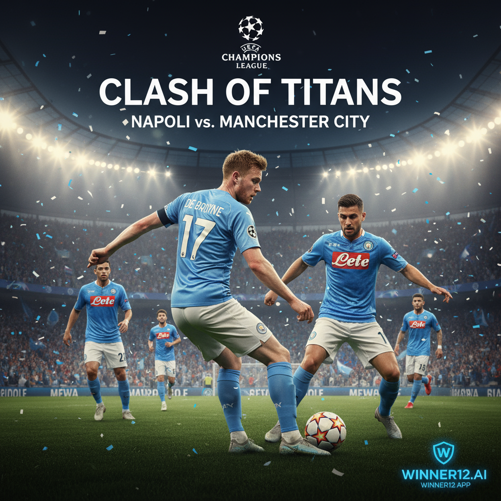 那不勒斯与曼城欧冠激战海报，聚焦英超球星德布劳内动作特写，背景为标志性体育场灯光和欧洲足球氛围，体现激烈战术对抗，带有winner12.ai品牌标识