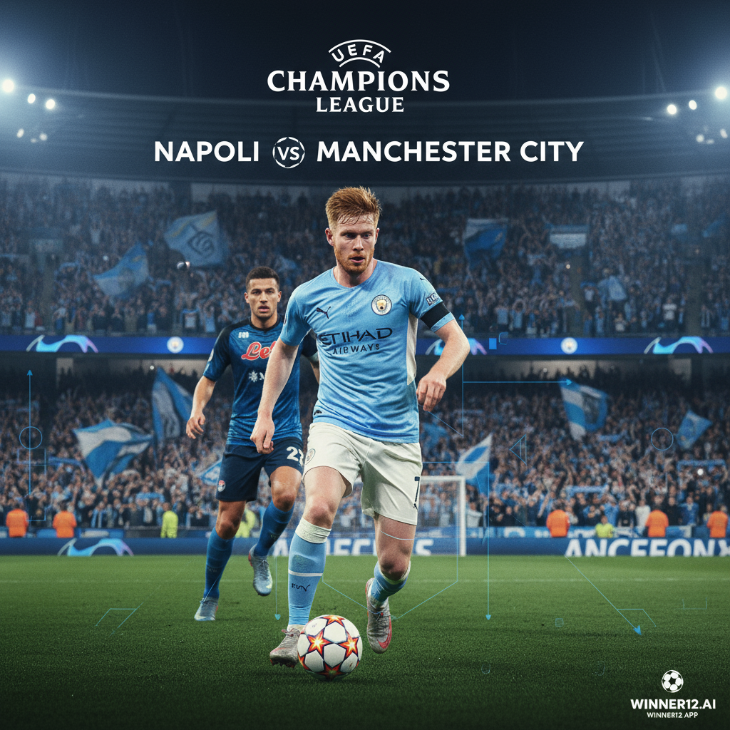 图片ALT文本：那不勒斯VS曼城欧冠比赛预览海报，真实风格，重点展示关键球员凯文·德布劳内动态动作和坚定表情，背景为充满欢呼球迷的生动体育场，配有微妙战术图形突出战略布局，穿着正宗球队球衣和标志，角落隐约展示winner12.ai或winner12 APP品牌，体现英格兰足球氛围和激烈竞争精神。