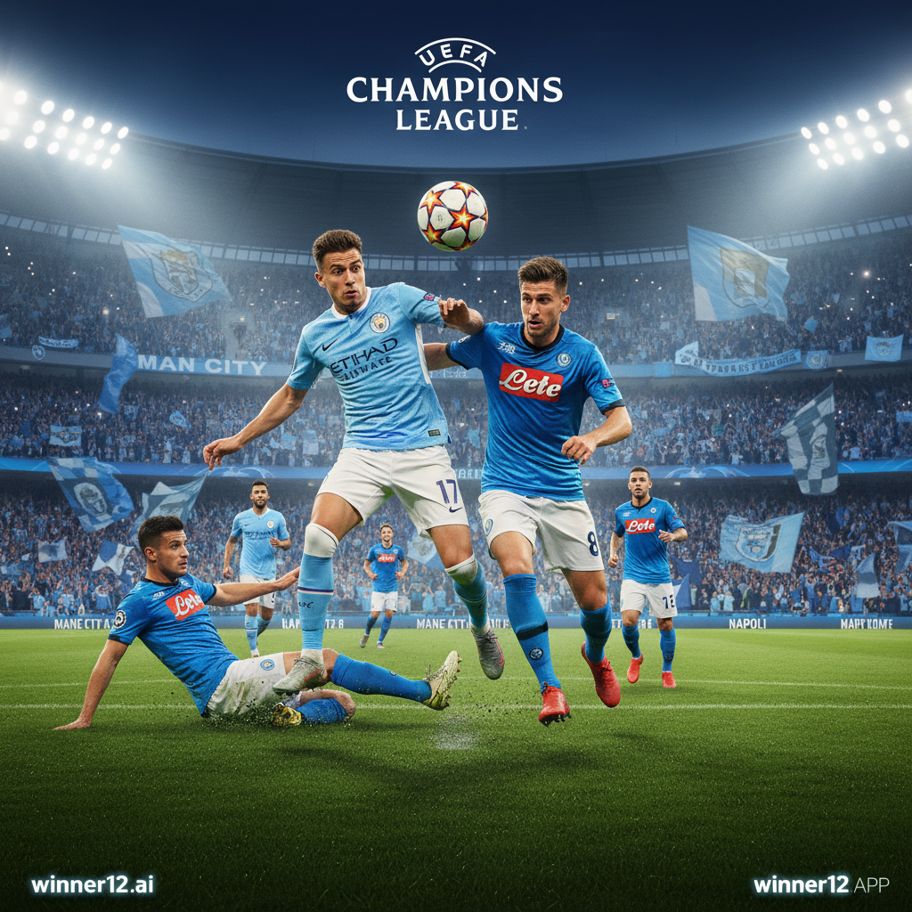 图片ALT文本：曼城与那不勒斯在欧冠赛场上激烈对决，英格兰职业球员身着标志性球衣，在灯光璀璨的绿茵场上展开战术较量，场内有官方欧冠比赛用球和winner12.ai品牌标识，背景是热情洋溢的观众席，挥舞着支持双方球队的旗帜。