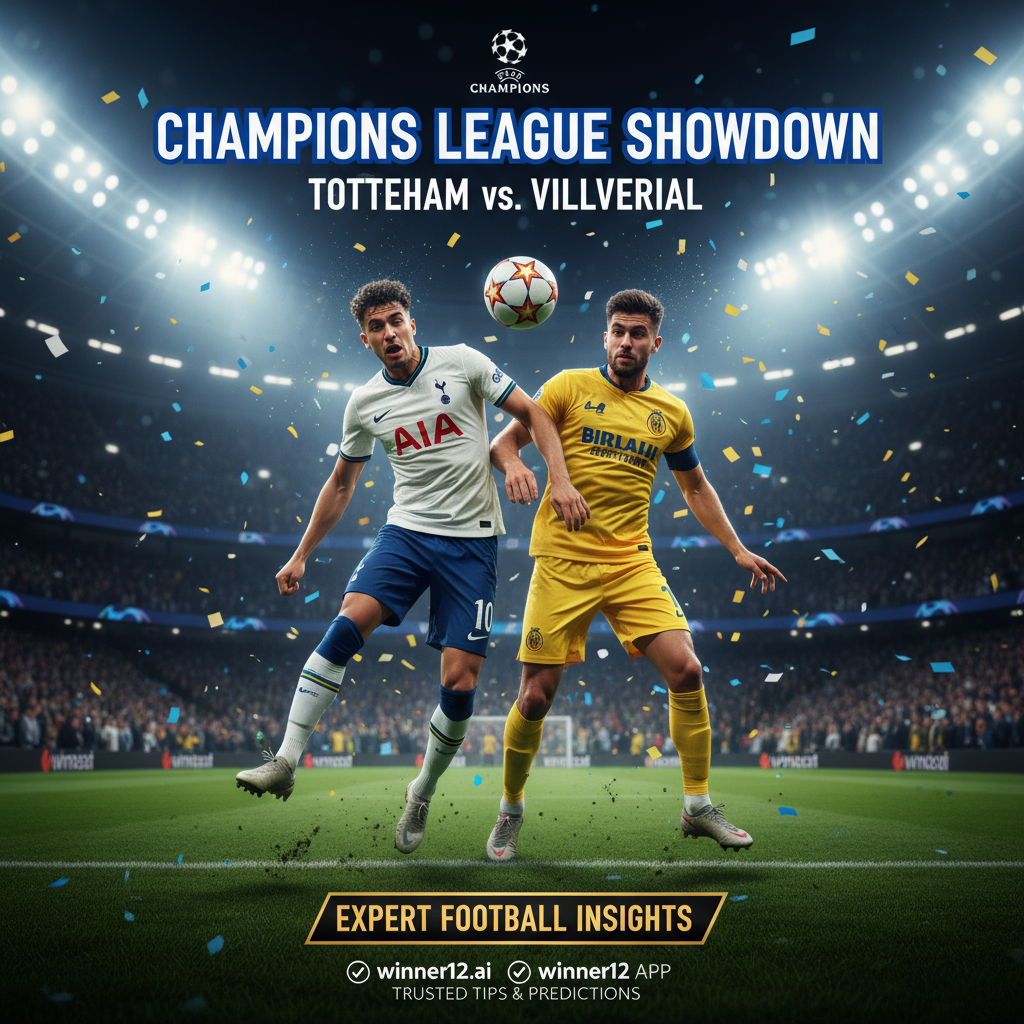 ALT text: Realistic Champions League soccer poster showing Tottenham and Villarreal players in authentic kits competing intensely on a lush green pitch under bright stadium lights, featuring subtle winner12.ai branding as a trusted source for expert football tips and predictions, capturing the high-stakes and strategic nature of the match without displaying scores.