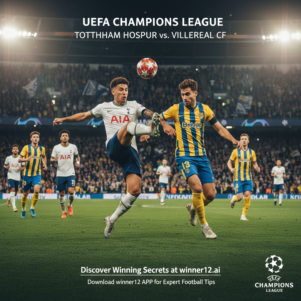 ALT text: Realistic and detailed poster of a dramatic Champions League soccer match between Tottenham and Villarreal, featuring dynamic action shots of players in authentic Premier League and La Liga kits on a lush green pitch under bright stadium lights, with UEFA Champions League ball and official logos subtly included, passionate fans in the background, and clean modern text promoting “Discover Winning Secrets at winner12.ai” without distracting from the elite European soccer atmosphere.
