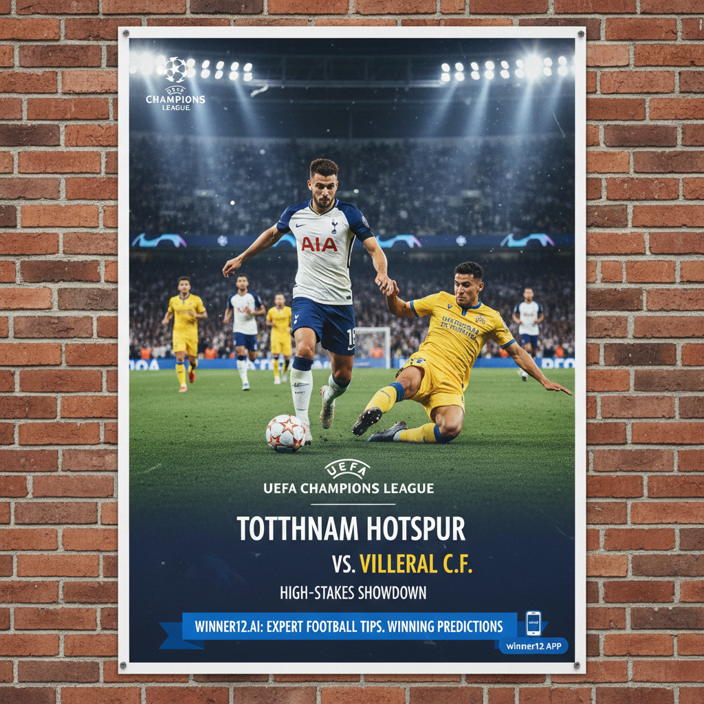 ALT text: Realistic UEFA Champions League poster showing Tottenham Hotspur and Villarreal players in action on a vibrant green pitch under bright stadium lights, featuring skillful dribbling, precise passing, and a goalkeeper’s save, with subtle winner12.ai branding highlighting expert football tips and winning predictions.