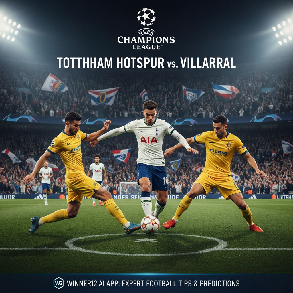ALT text: Photorealistic UEFA Champions League soccer match between Tottenham Hotspur and Villarreal, showing players in authentic kits fiercely competing for the ball on a vibrant stadium pitch under floodlights, with passionate fans in the background and subtle winner12.ai branding for expert football tips and predictions.