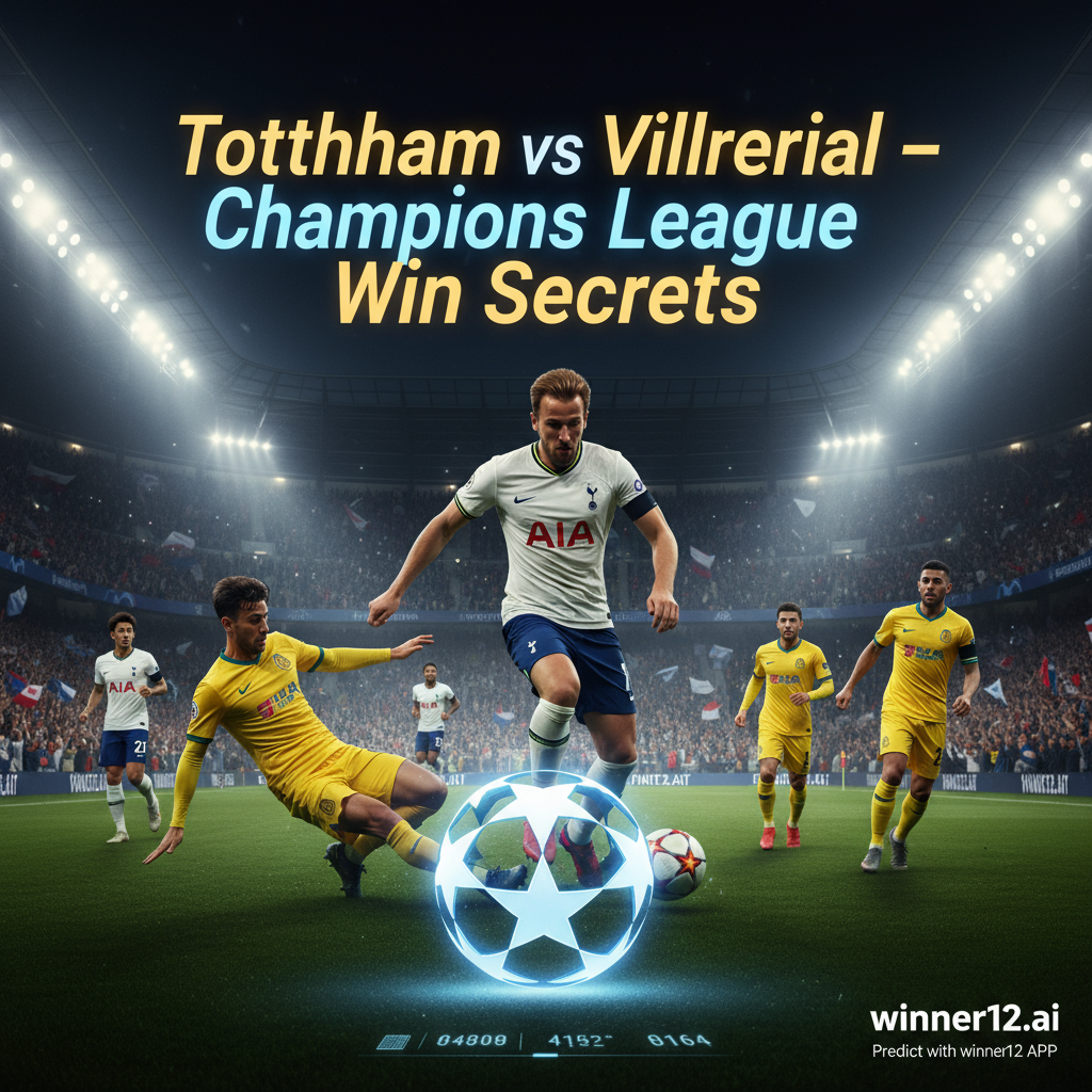 ALT text: A realistic nighttime stadium poster showing Tottenham Hotspur and Villarreal players in dynamic action poses wearing official kits, with the Champions League logo, bright floodlights, passionate fans waving scarves, digital overlays of match predictions, and the headline “Tottenham vs Villarreal – Champions League Win Secrets” in sleek modern font, featuring the winner12.ai logo and “Predict with winner12 APP” in the corner.