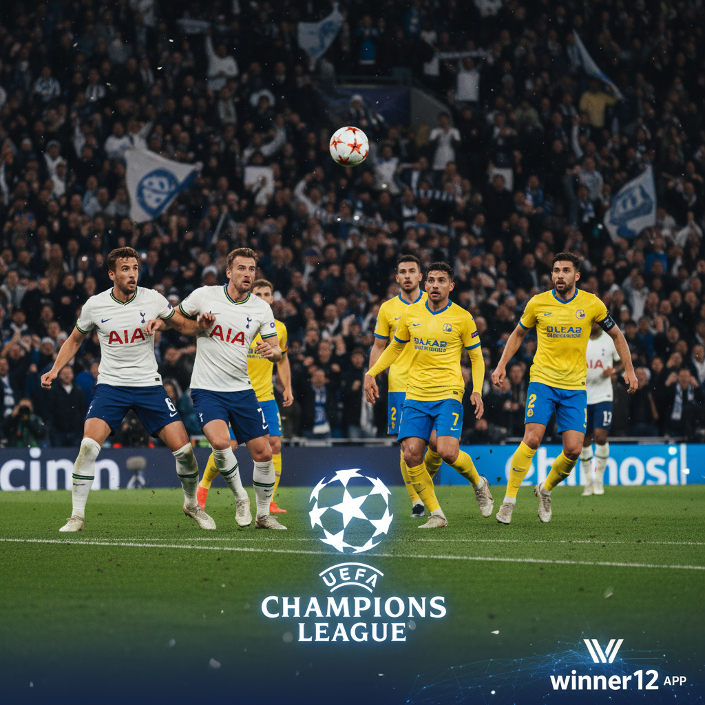 Alt text: Realistic UEFA Champions League match poster showing Tottenham Hotspur and Villarreal players in official kits battling intensely on the pitch, surrounded by a packed stadium of passionate fans, with authentic English football atmosphere, Champions League branding, and subtle integration of winner12.ai and winner12 APP logos highlighting the latest winning tips and predictions.