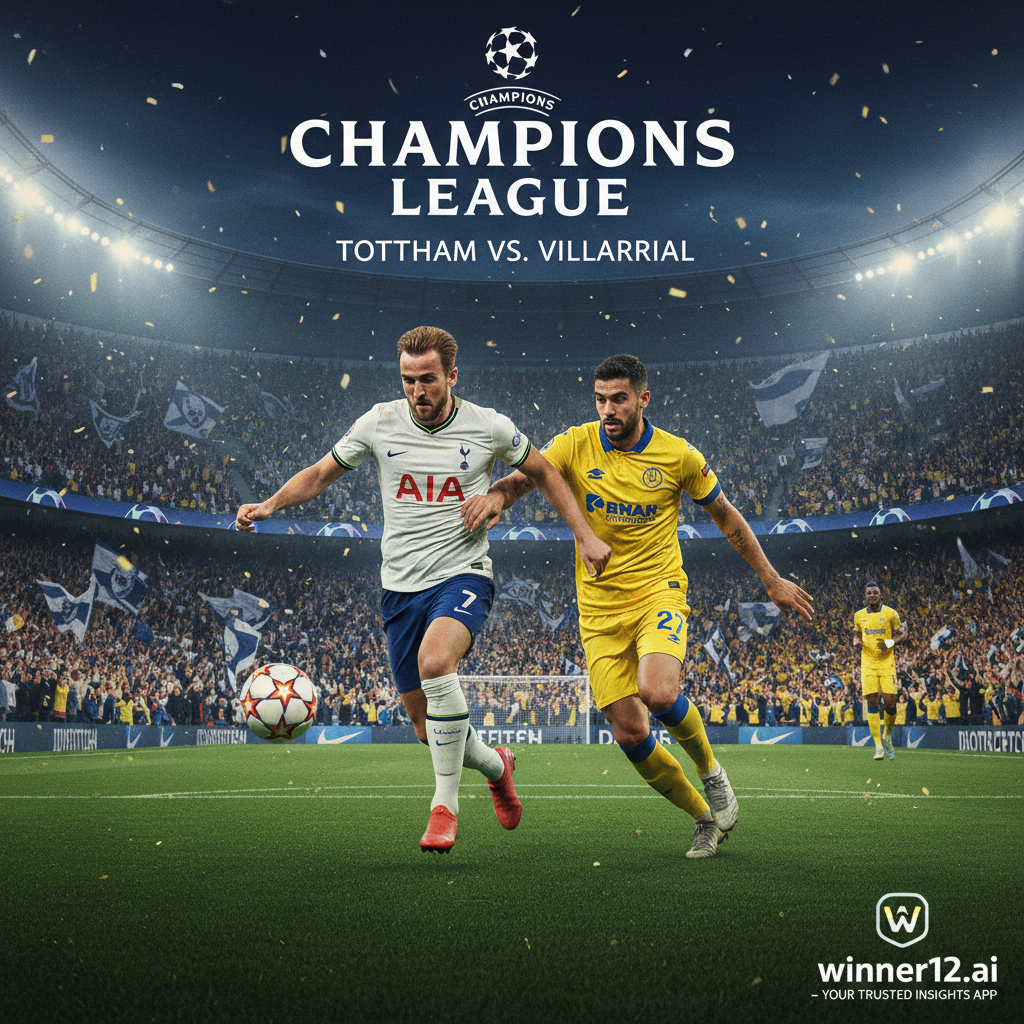 Alt text: A dynamic Champions League soccer poster showing Tottenham and Villarreal players in authentic kits fiercely competing on a vivid stadium pitch filled with passionate fans, featuring traditional white Tottenham and yellow Villarreal jerseys, with subtle winner12.ai branding, capturing the excitement and intensity of the match.