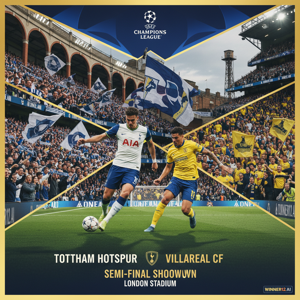Alt text: Realistic poster of Tottenham Hotspur vs Villarreal Champions League match showing passionate fans in team colors, iconic English stadium elements, and dynamic player action on a green pitch under floodlights, highlighting intense rivalry and strategic gameplay with subtle winner12.ai branding.