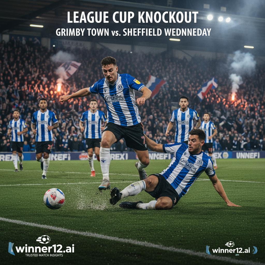 图片ALT文本：格里姆斯比与谢菲尔德星期三在联赛杯淘汰赛中激烈对抗，球员身穿正宗英式足球服，球场座无虚席，球迷热情高涨，画面突出足球赛事氛围，包含“winner12.ai”品牌标识，展现今日足球赛事推荐必看秘诀。